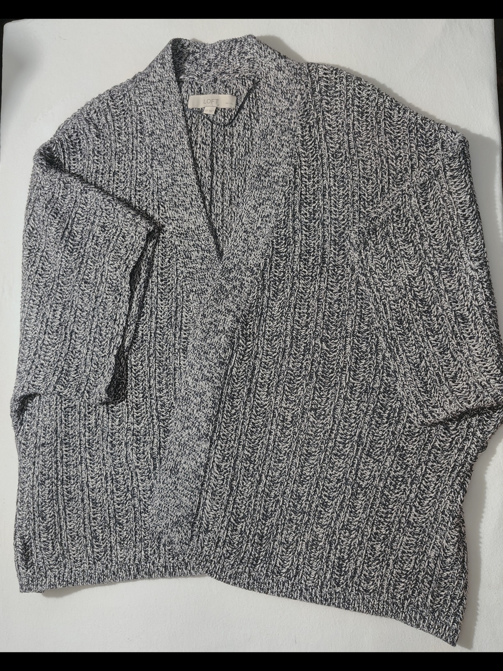 LOFT Woman Marled Grey Ribbed Knit Sweater Cardigan Size PL